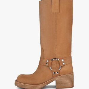 Tan Leather Knee-High Moto Boots